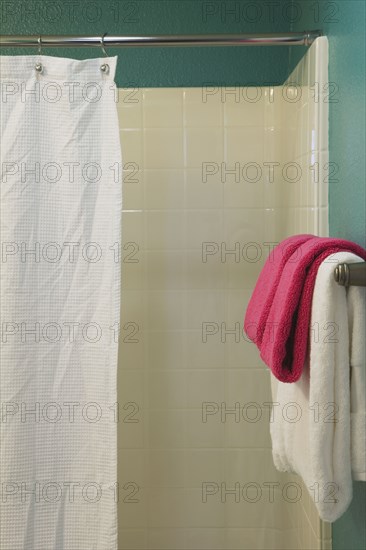 Contemporary Teal Bathroom with White Shower and Shower Curtain