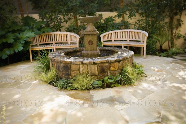 Benches and Fountain in Home Courtyard