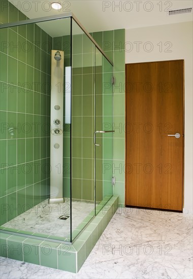 Modern Bathroom with Green Shower Tiles