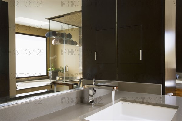 Modern Bathroom Vanity with Reflection of hot tub
