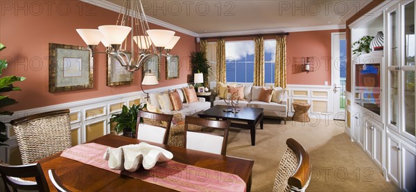 Interior of contemporary dining room and living room