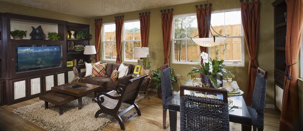 Interior of contemporary dining room and living room