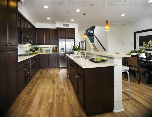 Interior of contemporary kitchen with bar