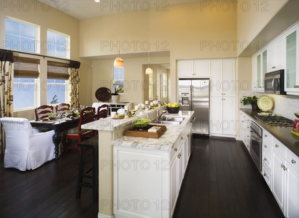 Interior of contemporary kitchen and dining room