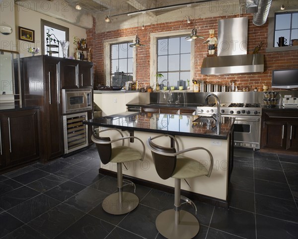 Contemporary kitchen with stainless steel hood.