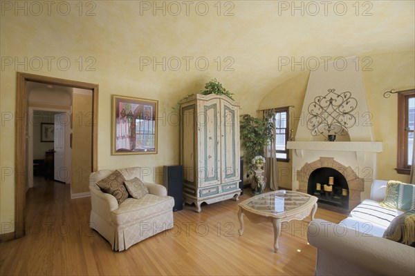 Wide angle image of living room.