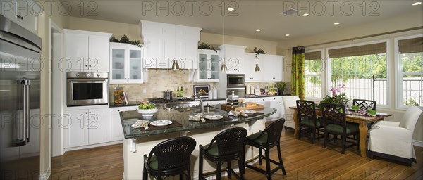 Interior of a contemporary dining room and kitchen