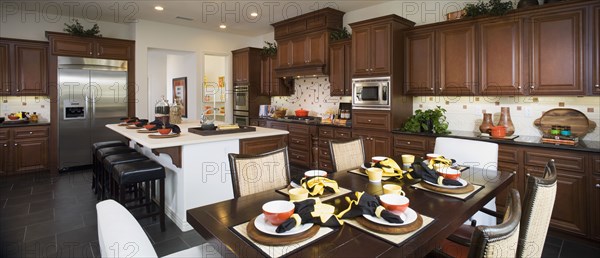 Interior of a contemporary dining room and kitchen