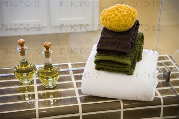 Detail of bathing items on shower bench.