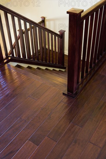 View looking down a wooden staircase