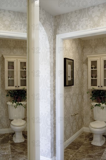 Toilet in bathroom with cabinet above and reflection in mirror