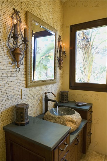 Interior of powder room with modern vanity