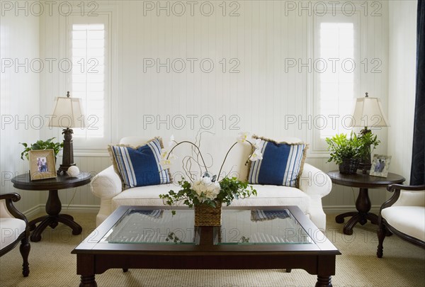 Symmetrical living room with wood paneling on walls