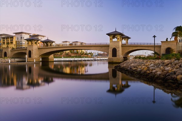 View of bridge with towers across channel