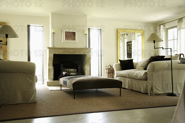 Low angle living room with comfy sofa