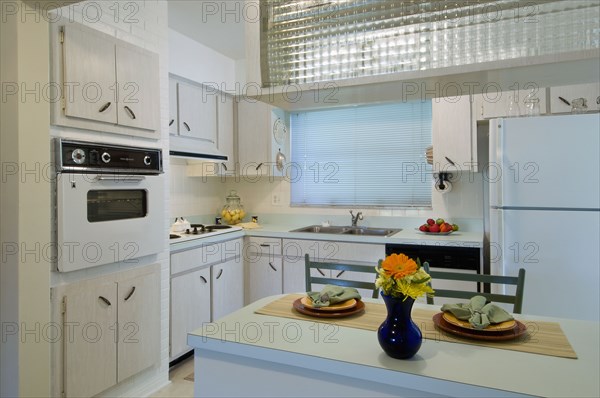 Place settings at breakfast bar in retro kitchen