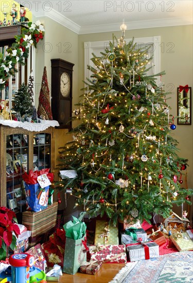 Gift boxes with decorated Christmas tree