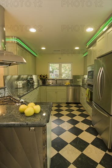 Diner style kitchen with green neon lights