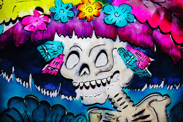 Close up of multicolor skeleton graffiti art