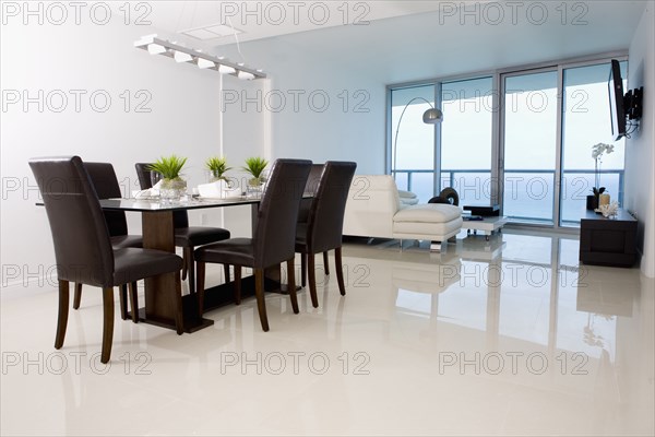 Dining table and sofas in modern living space