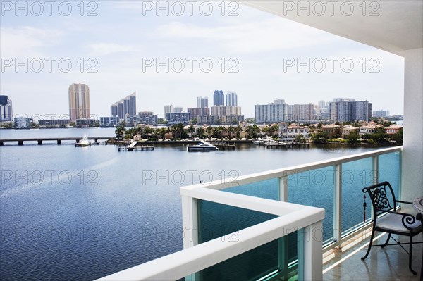 Modern balcony overlooking city skyline