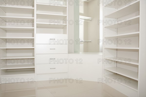 Empty shelves and drawers in modern walk-in closet