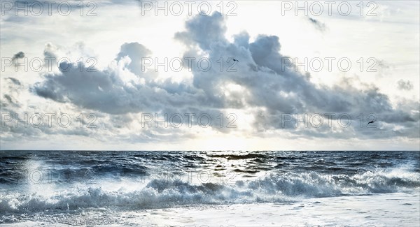 Cloudy sky over stormy waves on beach