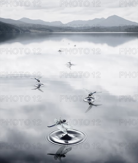 Insects making ripples in still rural lake