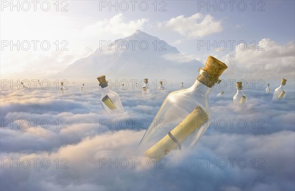 Messages in bottles floating in clouds