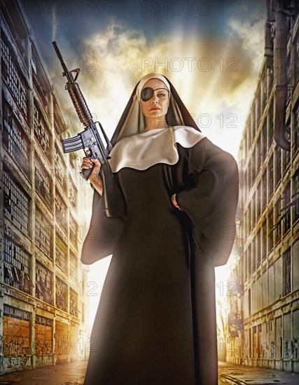 Illustration of Caucasian nun with eye patch and machine gun