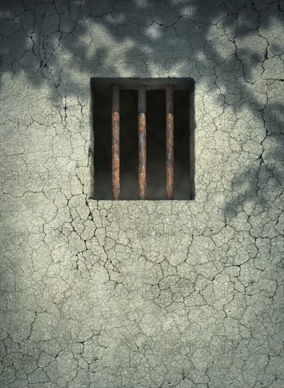 Bars on window of dilapidated wall