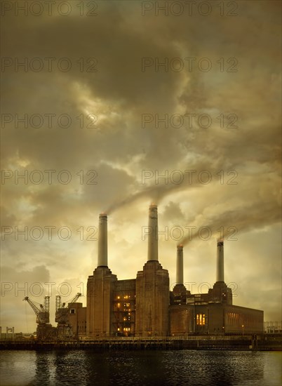 Smoke billowing from factory smokestacks