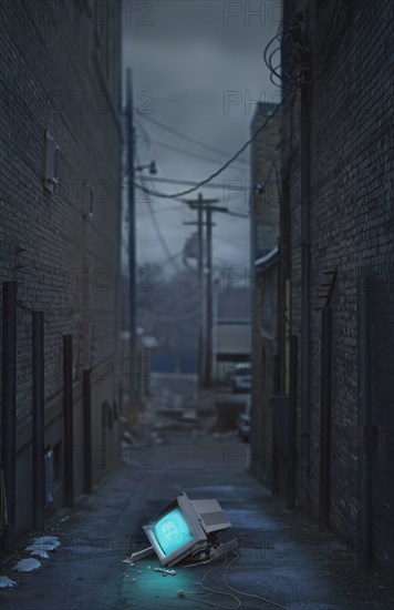 Glowing television in abandoned urban alleyway