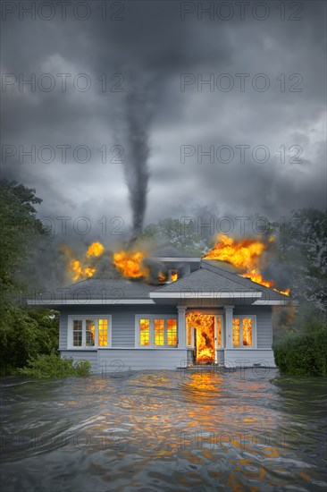 Burning house under tornado in flooded landscape