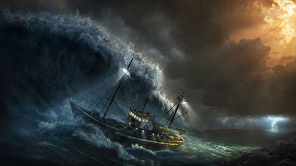 Ship rolling in stormy sea