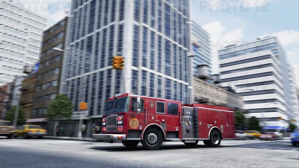 Blurred view of fire truck driving through intersection