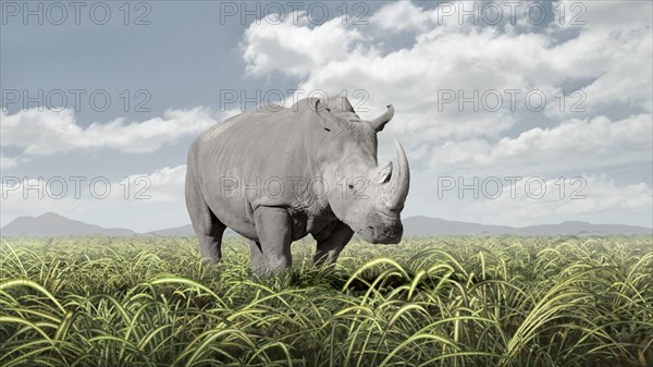 Rhinoceros grazing in rural field