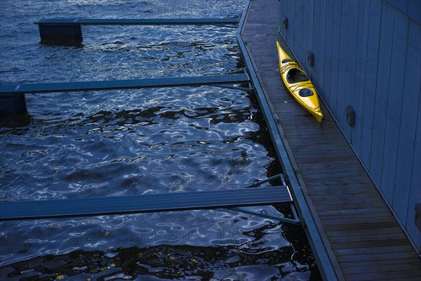 High angle view of kayak on wooden dock