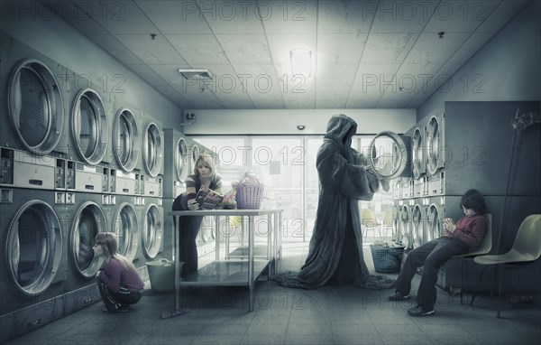 Grim Reaper doing laundry at laundromat