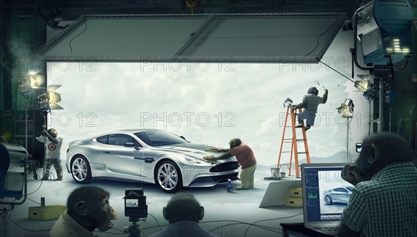 Monkeys doing photo shoot with sports car