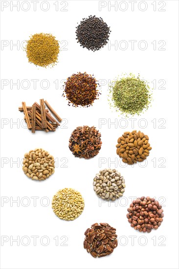 Piles of nuts and seasonings