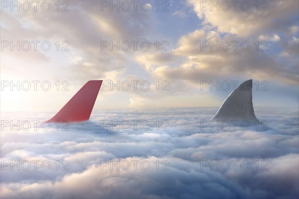 Shark fin chasing airplane rudder above clouds