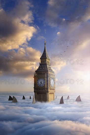 Shark fins and birds circling clock tower above clouds