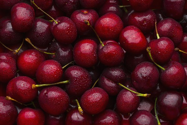 Pile of wet red cherries