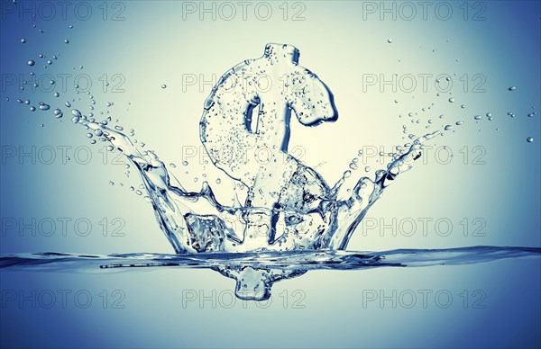 Water droplets splashing from sinking ice dollar symbol