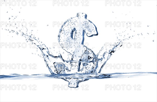 Water droplets splashing from sinking ice dollar symbol