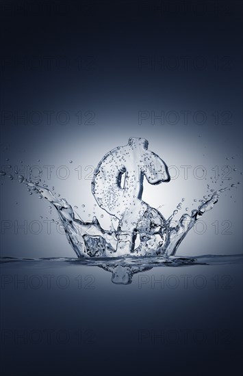 Water droplets splashing from sinking ice dollar symbol