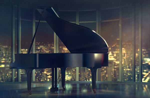 Grand piano near window with scenic view of city
