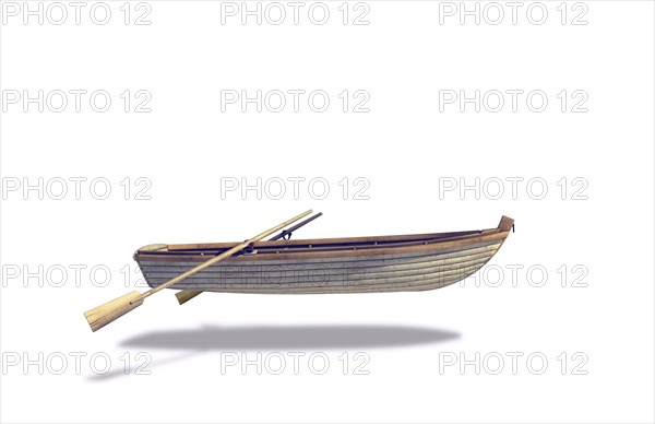 Rowboat and oars floating in white background