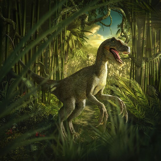 Velociraptor dinosaur in lush green jungle